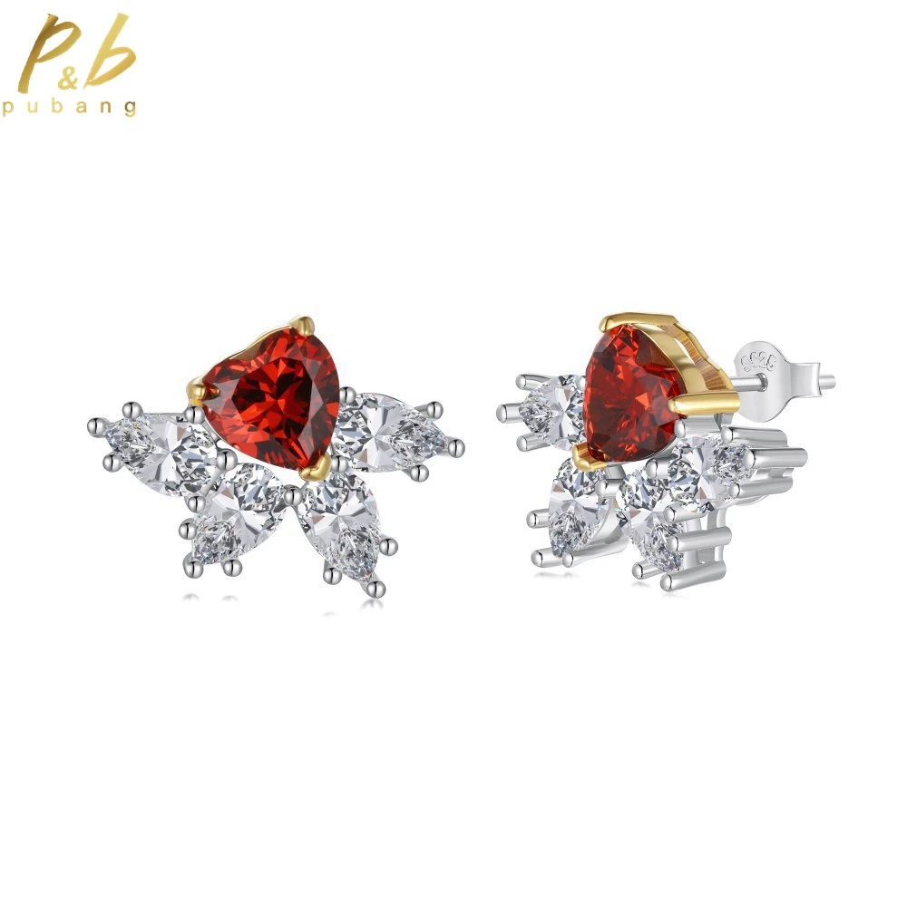 

PuBang Fine Jewelry Ruby Gemstone Stud Earrings 100% 925 Sterling Silver Created Moissanite for Women Wedding Gift Free Shipping