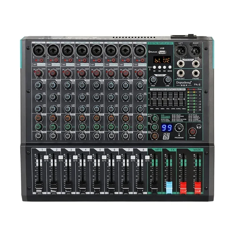 Mixer PA8 8 Channel Sound Board Console DJ Mixing Desk System Interface Built-in 99 Reverb Effect