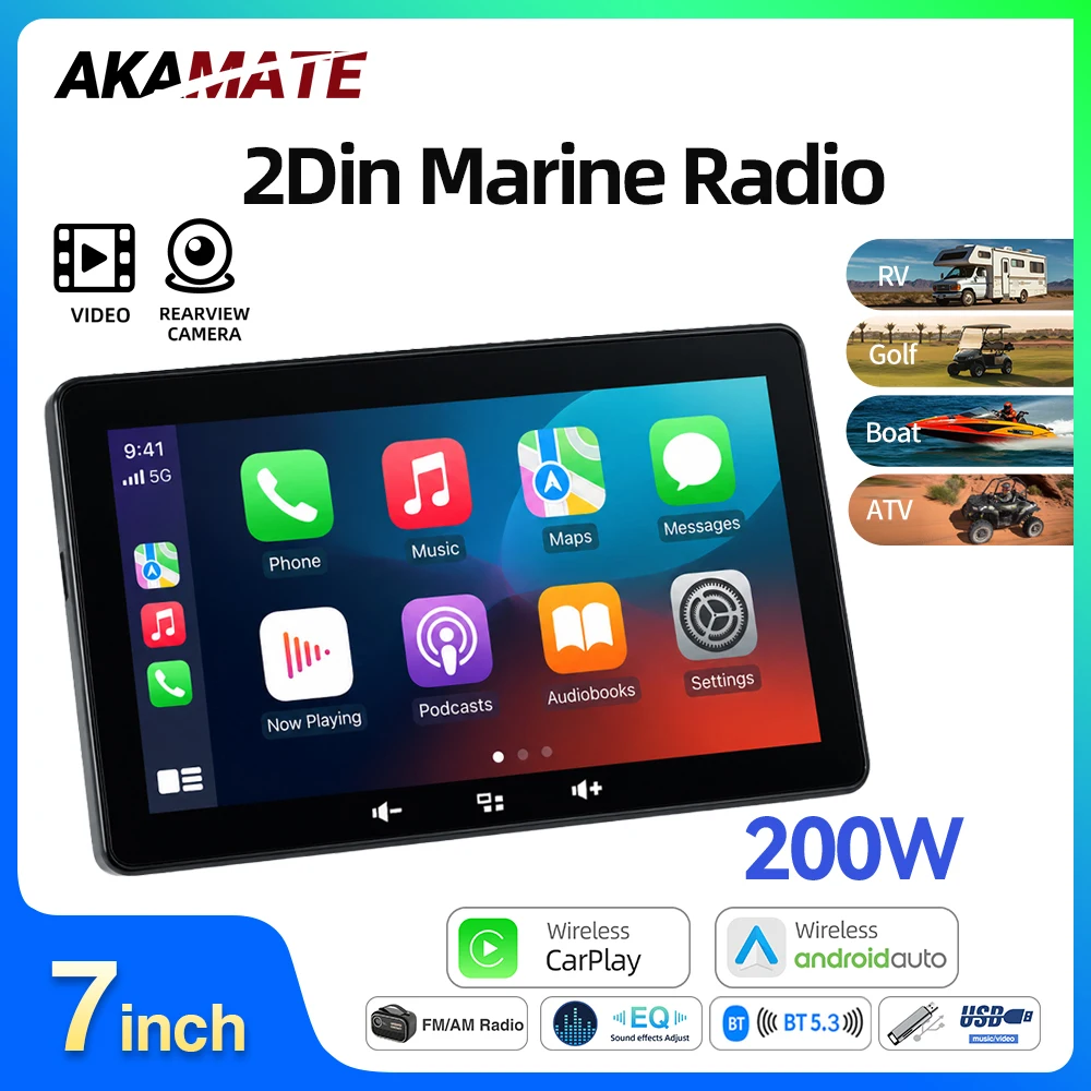 7inch Marine Radio Wireless CarPlay Android Auto FM AM Radio Receiver Waterproof for RV ATV UTV SPA RZR Stereo Multimedia Player