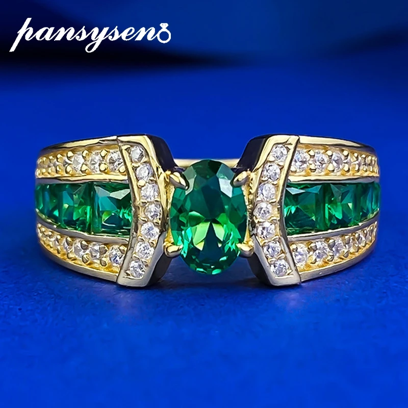 

PANSYSEN Vintage S925 Sterling Silver 4*6MM Oval Cut Emerald High Carbon Diamond Rings for Women Man 18k Gold Plated Jewelry