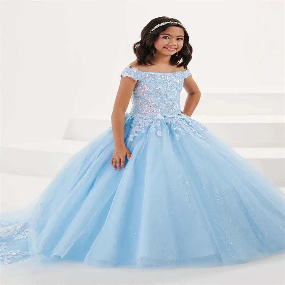 Blue Flower Girl Dresses for Wedding Lace Tulle Sequin Applique Flat Collar Elegant Kids First Holy Communion Ball Gowns