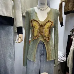 Three Dimensional Fringed Butterfly V-neck Slit Dyed Knitted Sweater Women's Autumn New Design Niche Base Sweater