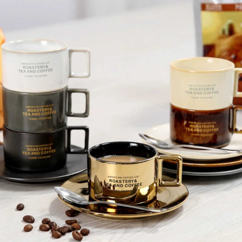 

Luxury Golden Ceramic Coffee Mug Espresso Milk Juice Cup European Style Afternoon Tea Cup Saucer Set With Plate Spoon Drinkware