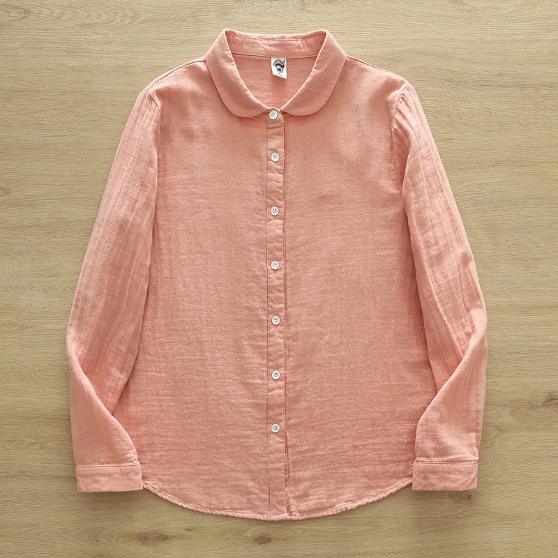 New Autumn Double-layer Cotton Yarn Solid Shirt Women Japan Style Loose Long Sleeve Top Girl Office Lady Work Wear Tops