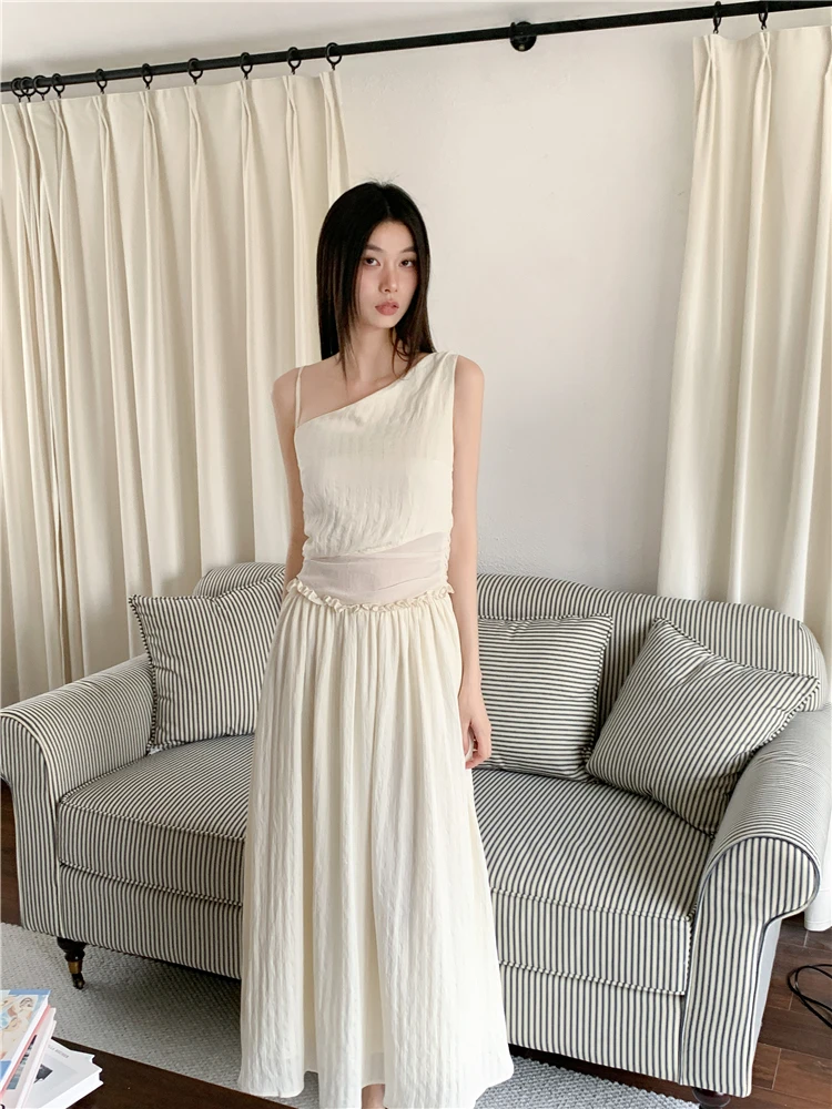 CHEERART One Shoulder Beige Long Dresses 2024 Women Summer Patchwork Ruched A Line Solid Dress Designer Fashion Clothes