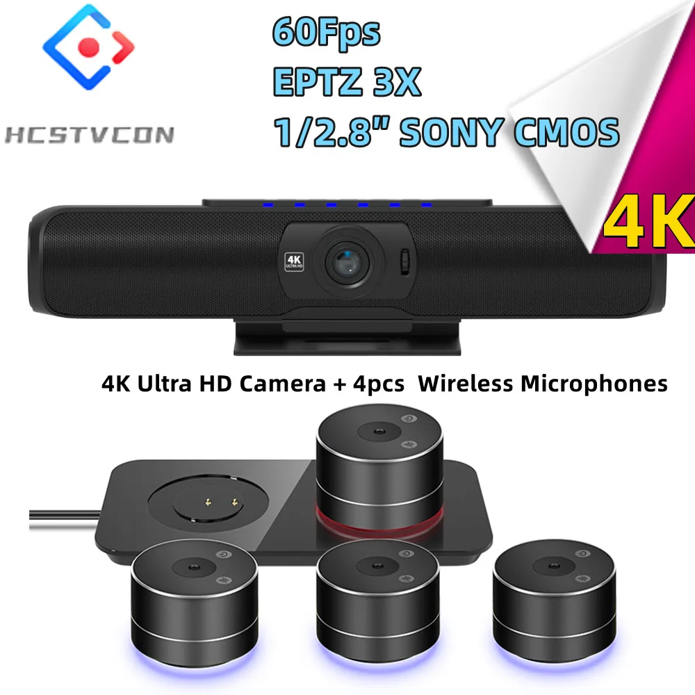 4K Ultra HD Webcam All in one Camera with 4pcs Wireless Microphone Speaker for Video Conference Studio Youtube Live Streaming