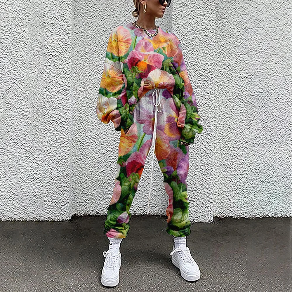 Spring Autumn Women Floral Print Sweatshirts Sets 2 Piece Long Sleeve Sportswear Pullover +Trousers Outfits Jogger Sweat Suits