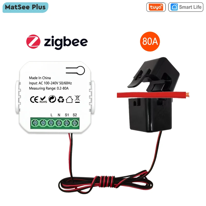 Tuya Smart Life ZigBee Energy Monitor 80A with Current Sensor Clamp App Monitor Power Electricity Statistics110V 240V 50/60Hz