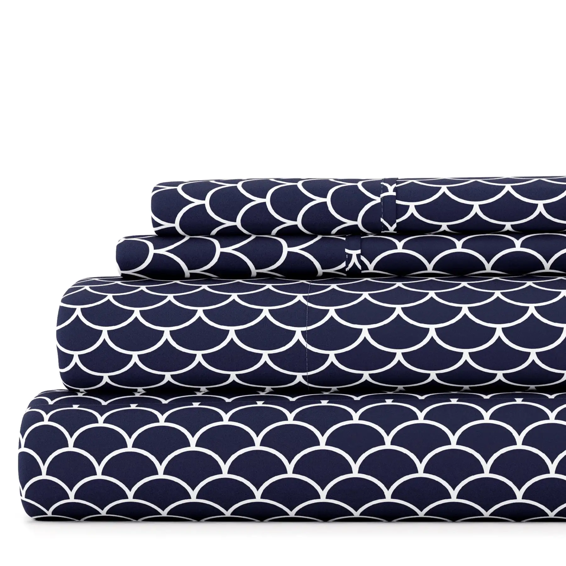 

4 Piece Pattern Microfiber Bed Sheets Set, Navy Scallops, Queen