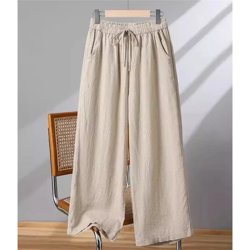 Fashionable High Waist Cotton Linen Wide Leg Pants Women's Casual Straight Leg Trousers Draping Single Summer Loose Fit