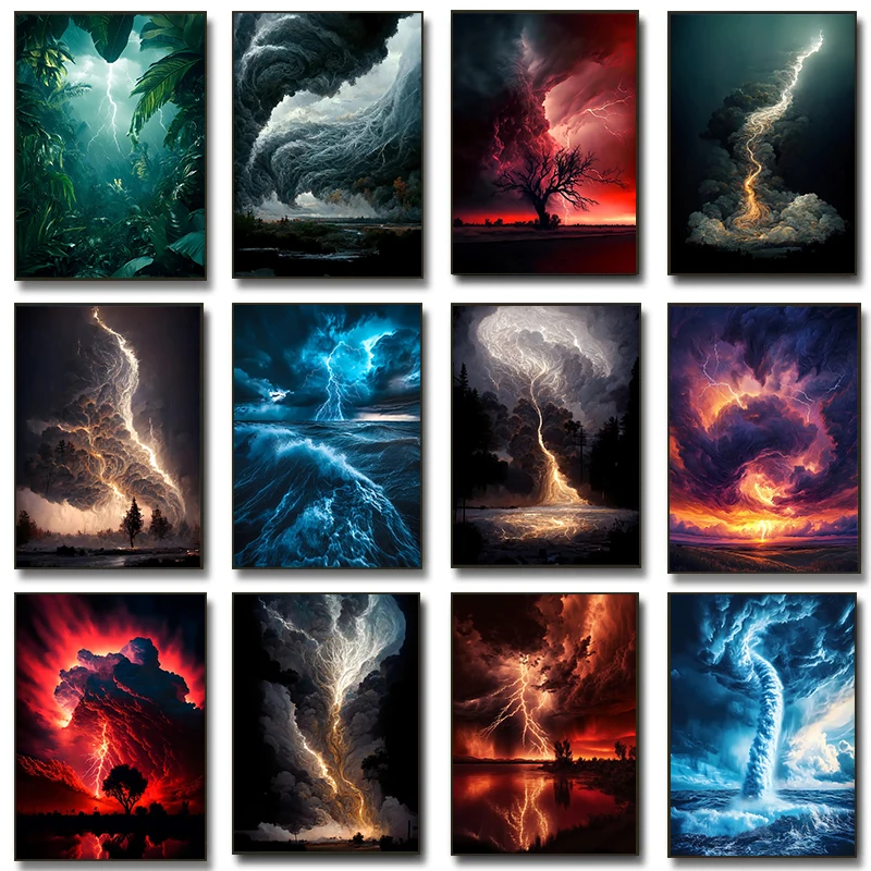 (2D Canvas Painting) Natural Disaster Apocalyptic Storm Posters Lightning Over Ocean Prints Canvas Painting Wall Art Pictures