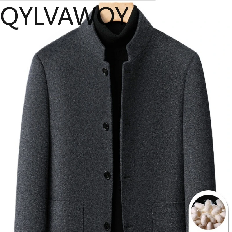 

QYLVAWOY 87% Wool Autumn Winter High-End Cashmere & Silk Men's Jacket Stand-Up Collar Zhongshan Style Wool Coat for Dads LJ2667