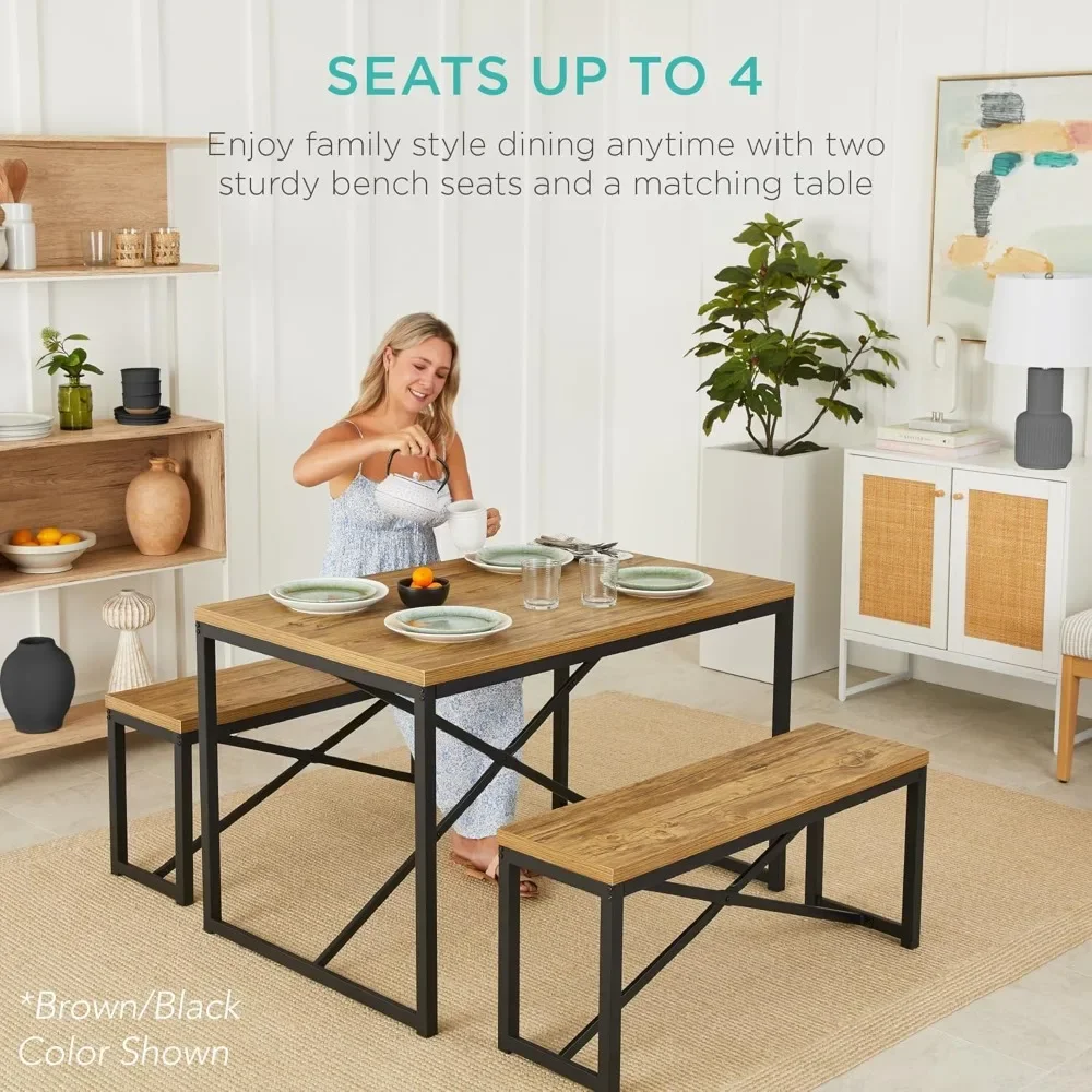 

45.5in 3-Piece Bench Style Dining Furniture Set, 4-Person Space-Saving Dinette for Kitchen, Dining Room w/ 2 Benches