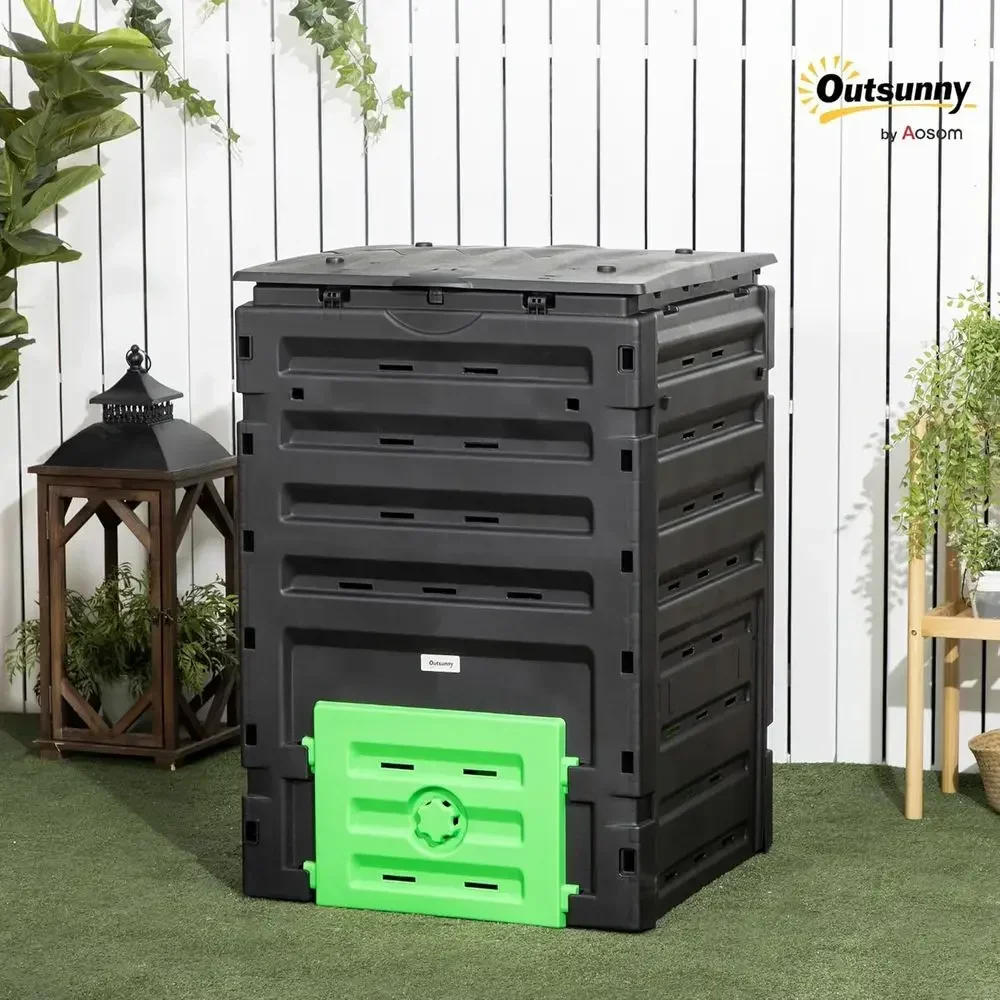 120 Gallon Large Capacity Garden Compost Bin with 80 Vents and 2 Sliding Doors, BPA-Free, for Rich Soil Creation, Black