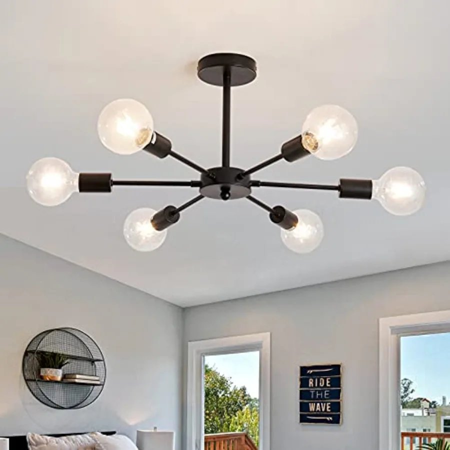 Sputnik 6 Light Chandelier Black Mid Century Ceiling Light Fixture Modern Pendant Lighting for Kitchen Dining Room Living Room