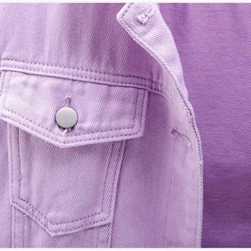 Women Denim Jacket Spring Autumn Short Coat Pink Jean Jackets Casual Purple White Loose Tops Lady Button Pockets Outer NM33 view 6