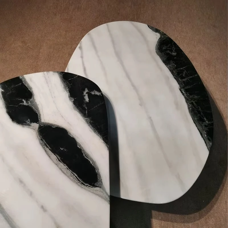 Modern Design Polished Natural Stone Inlaid with Metal Oval Panda White Marble Coffee Table for Living Room