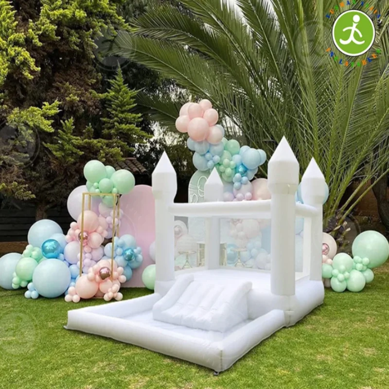 Grande maison gonflable en PVC avec piscine à balles, château à rebond, espace de saut avec fosse à balles et souffleur pour enfants, mariage, blanc