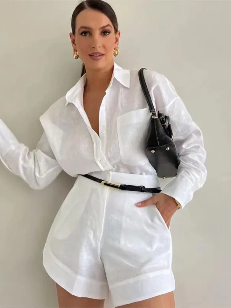 

Spring Summer Fashion Pockets Two Pieces Sets Women's Lapel Long Sleeves Button Shirt Short Pant Outfits Solid 2Pieces Sets
