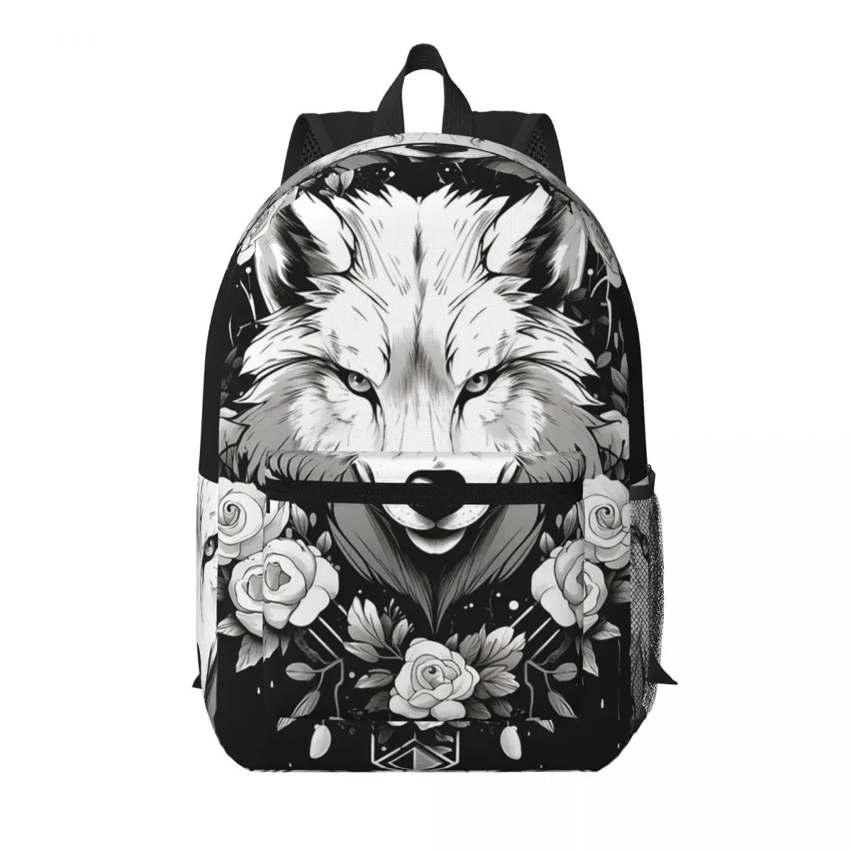Black White Wolf Surrounded By Flowers Student Backpack School Bag Hiking Travel Daypack for Boys Girls Bookbag Shoulder Bags