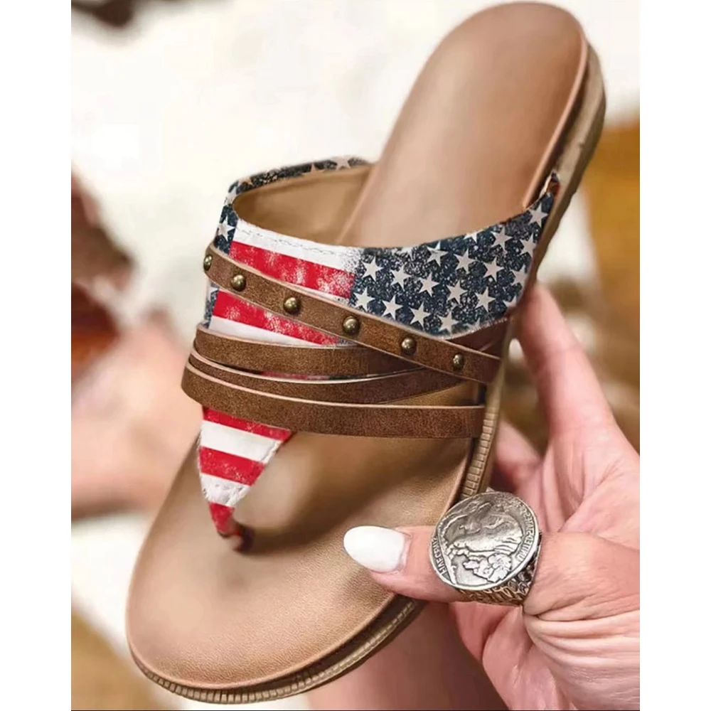 Independence Day Women Going Out Studded Flag Pattern Toe Post Sandals Flats Casual Shoes Summer Fashion Casual Slippers