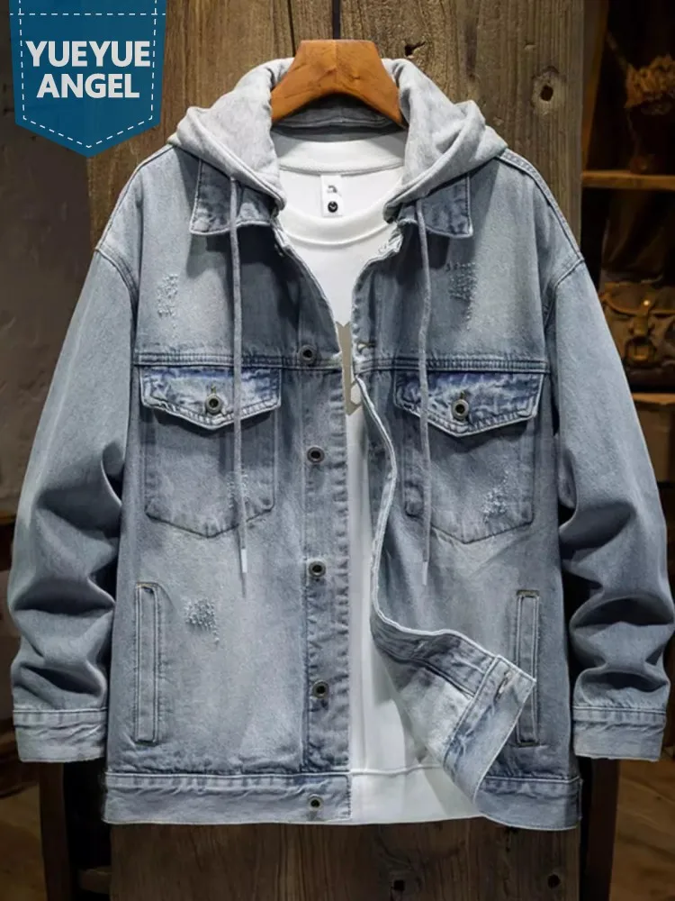 

Streetwear Mens Hooded Denim Jacket Single Breasted Loose Fit Hip Hop Coat Autumn Cowboy Tops Outwear Casual Cargo Work Jacket