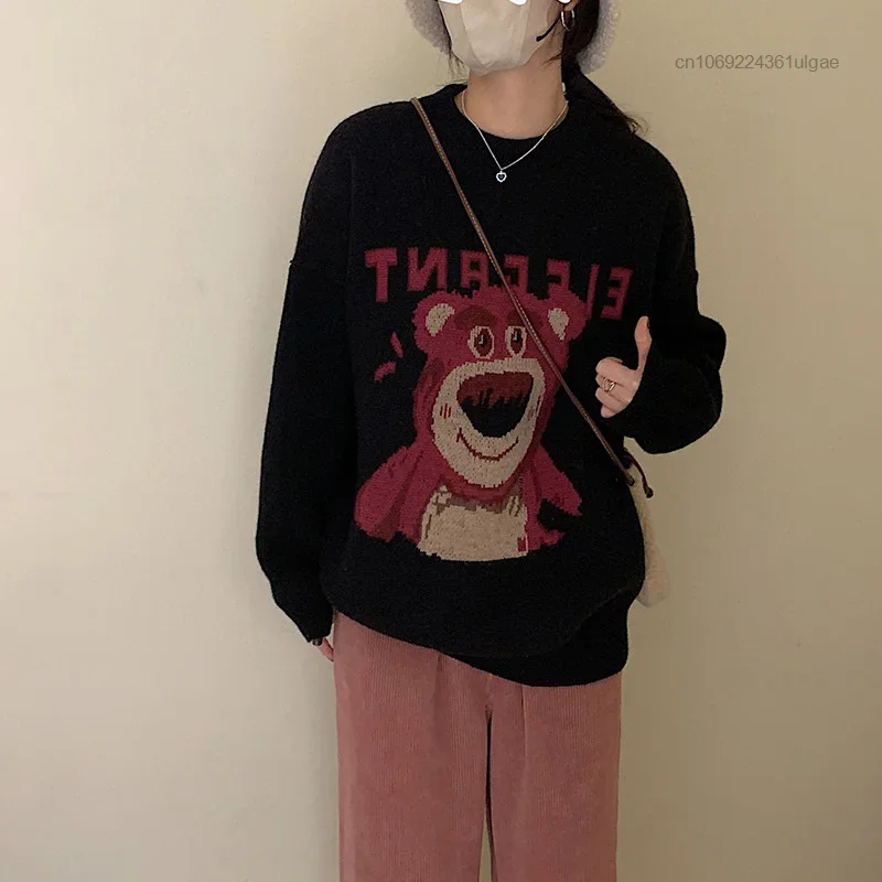 Disney Lotso Women Fashion Clothes Korean Style Sweater Female Autumn Winter Rounde Neck Cute Pullover Y2k New Cartoon Knit Tops