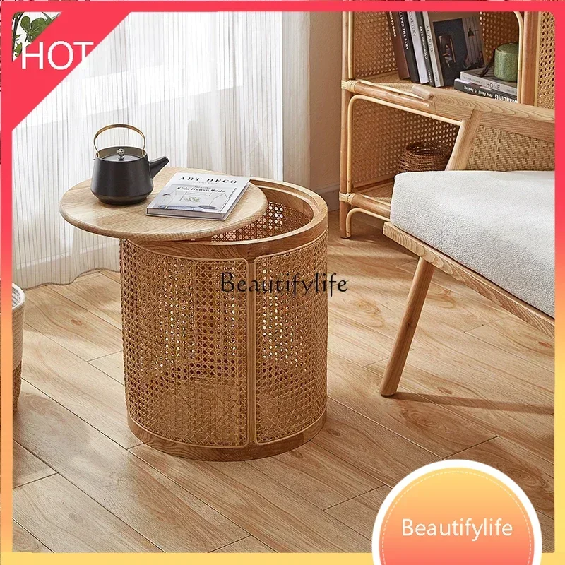 New style Retro rattan solid wood round edge few household minimalist balcony tea style coffee table small apartment ss 8617