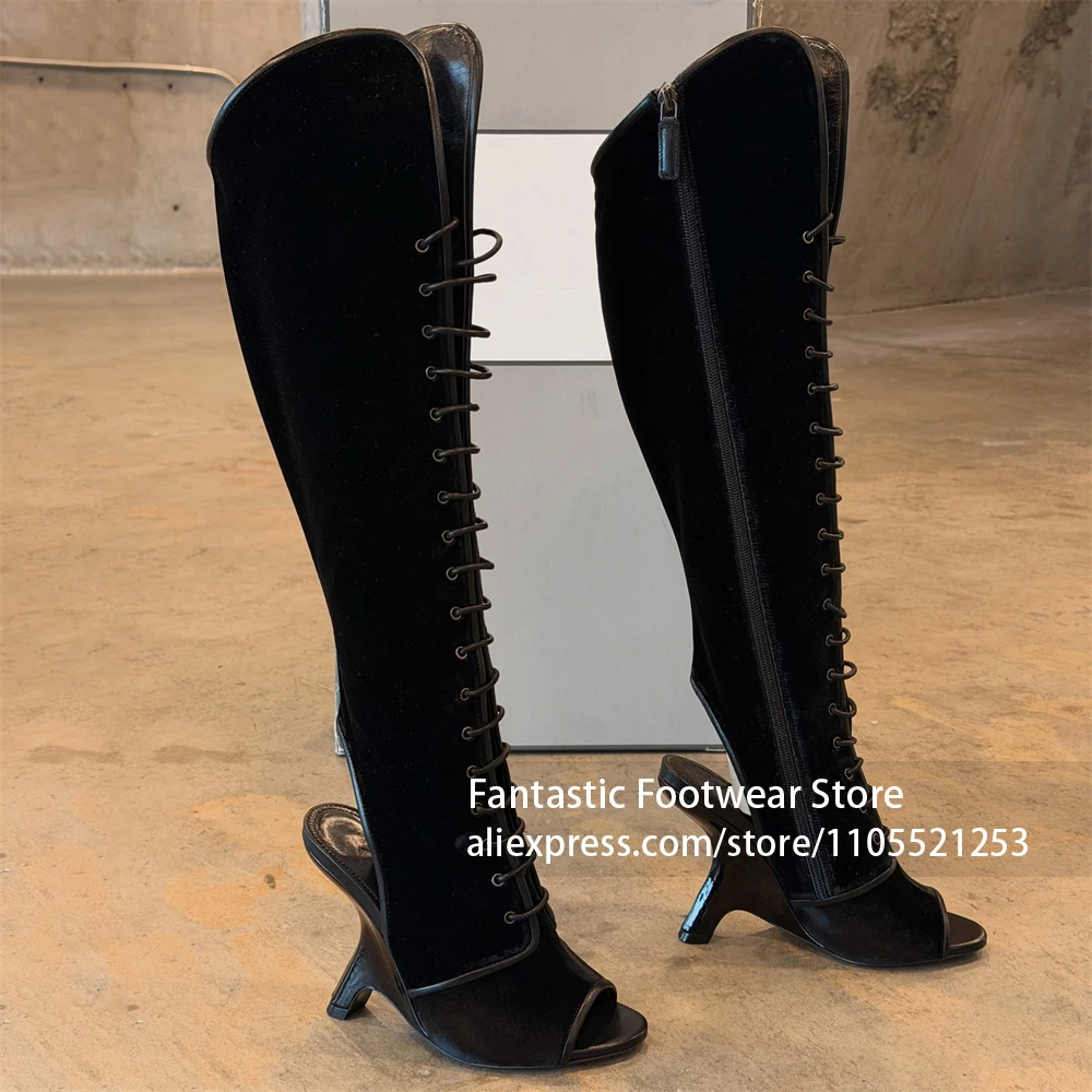 Open Toe Cutout Shaft Boots Front Lace Up Closure High Heel Knee Boots Side Back Zipper culptural Unique Heel Boots Sexy Evening