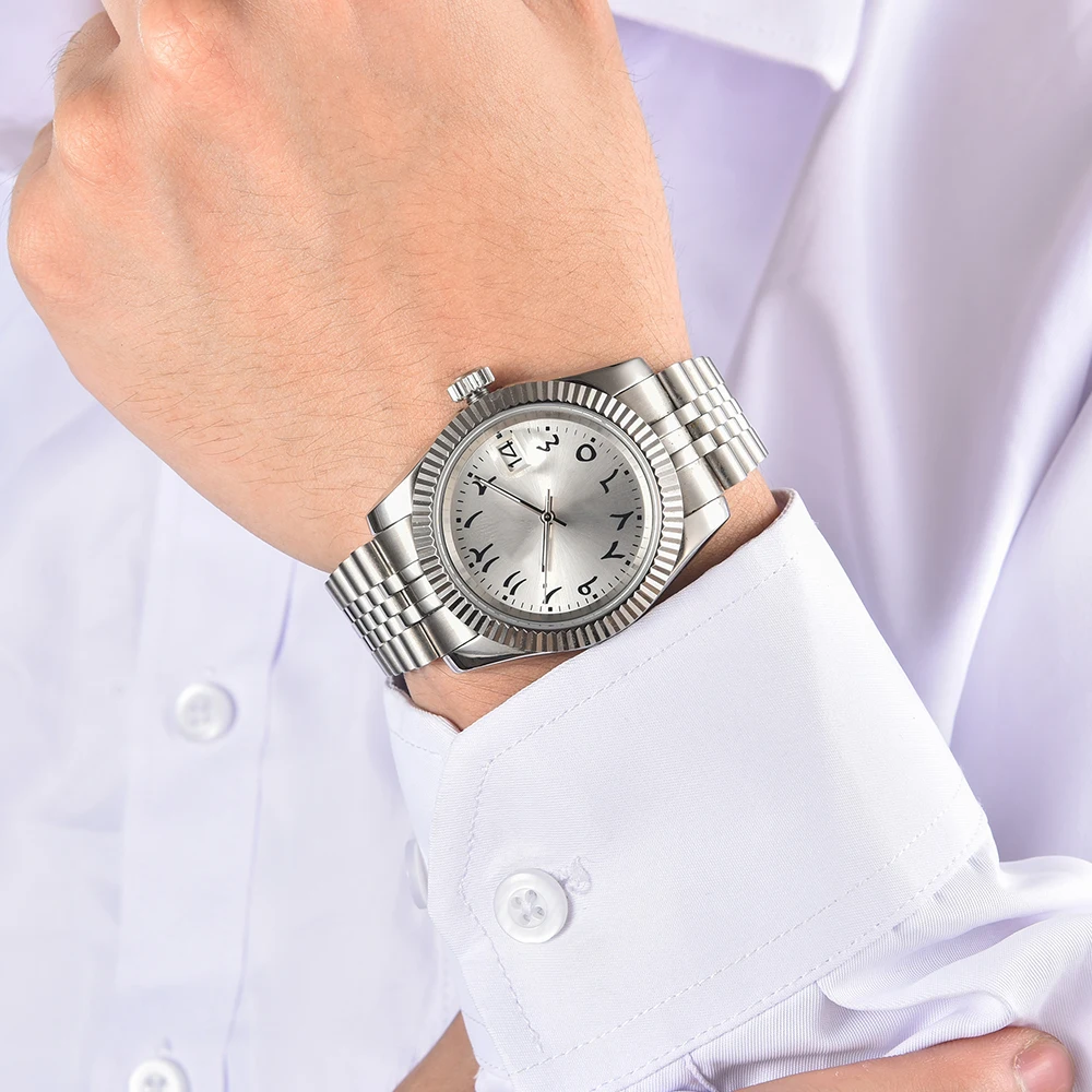 Orologio da uomo logo personalizzabile NH35 orologi da uomo cifre arabe No Glow Dial orologio impermeabile cassa in acciaio inossidabile vetro