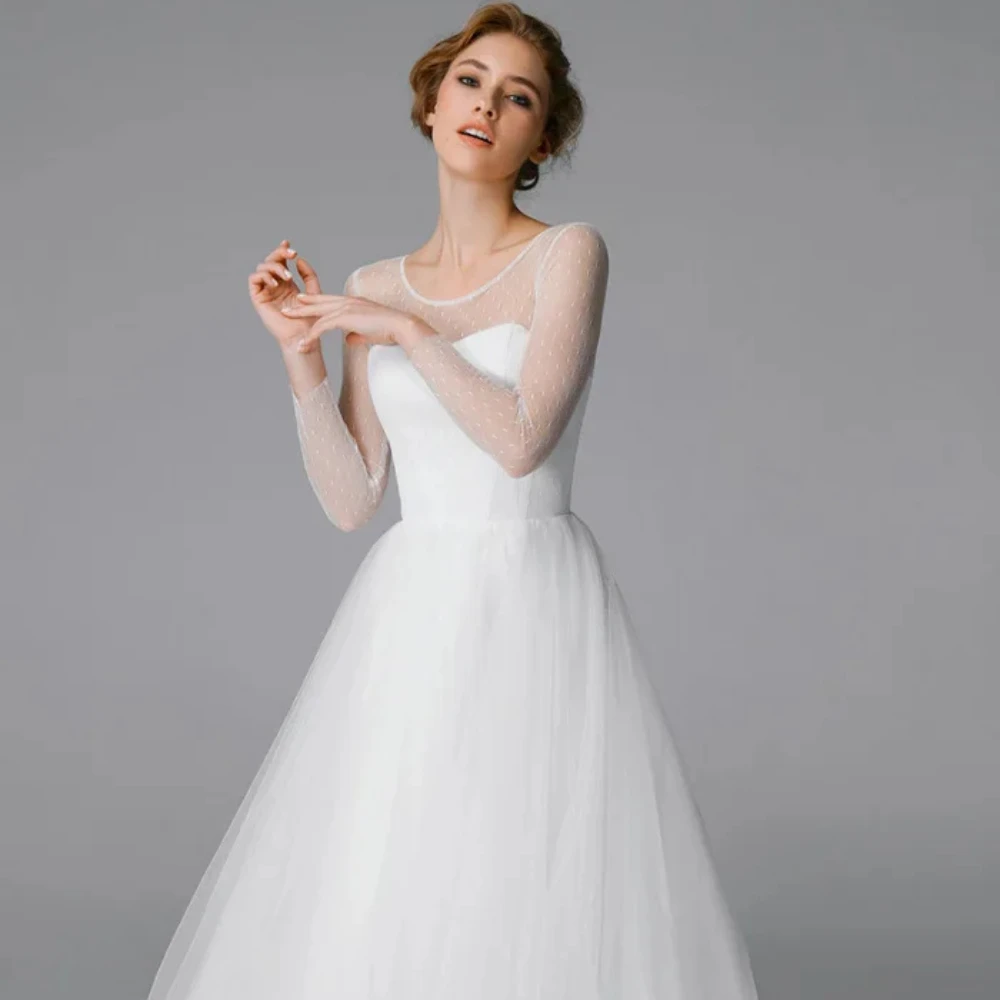 

Luxury Wedding Dress For Women New Short O-Neck A-Line Bridal Gown Full Sleeves Organza Zipper Illusion Vestidos De Novia W30164