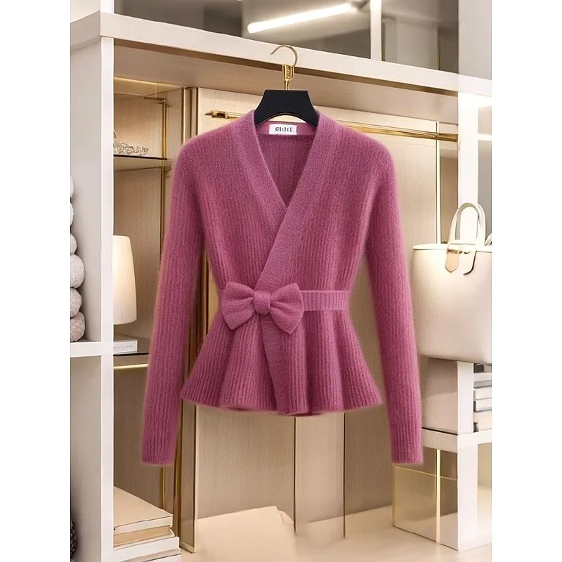 

Women Korean Fashion Elegant Bow Knitted Sweater Chic Office Lady V-neck Long Sleeve Thin Pullover Tops Solid Jumper sweater Y2K