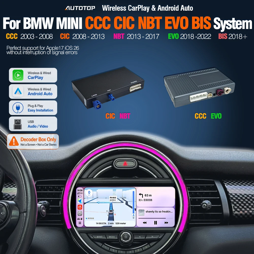 AUTOTOP Decoder Box CarPlay Android Auto per BMW Mini R55 R56 R57 R58 R59 R60 R61 F54 F55 Clubman Countryman Hardtop John Sistema CCC CIC NBT EVO BIS