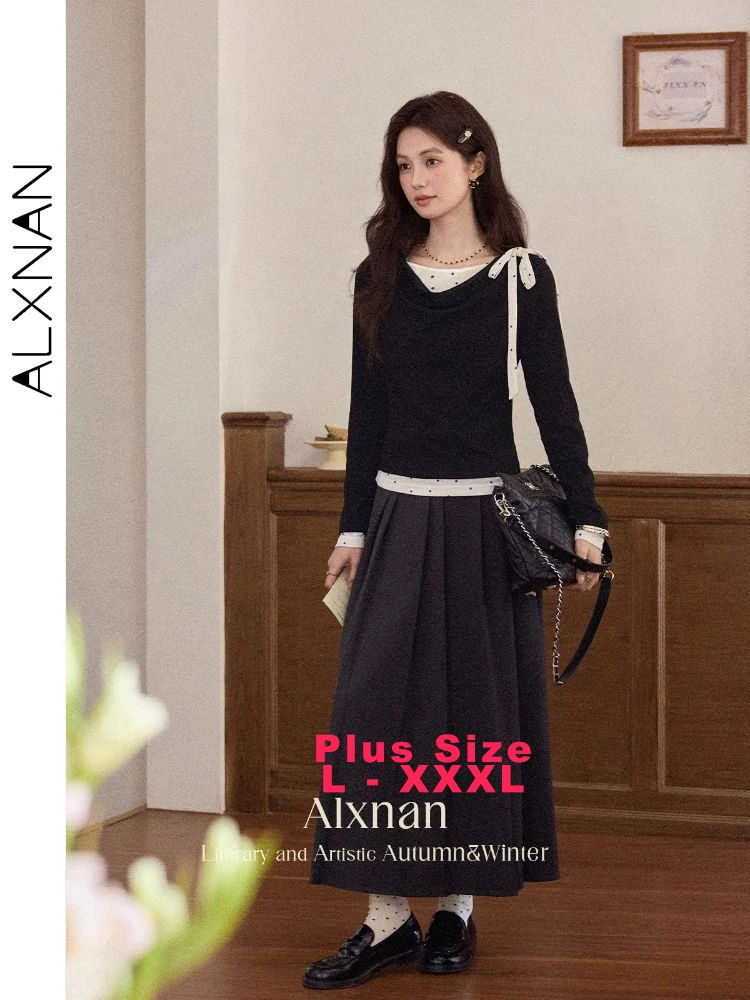 

ALXNAN Черная футболка больших размеров с ложным дизайном из двух предметов и бантом в горошек, футболки с цветными блоками, осенние топы с длинными рукавами, женские D12737