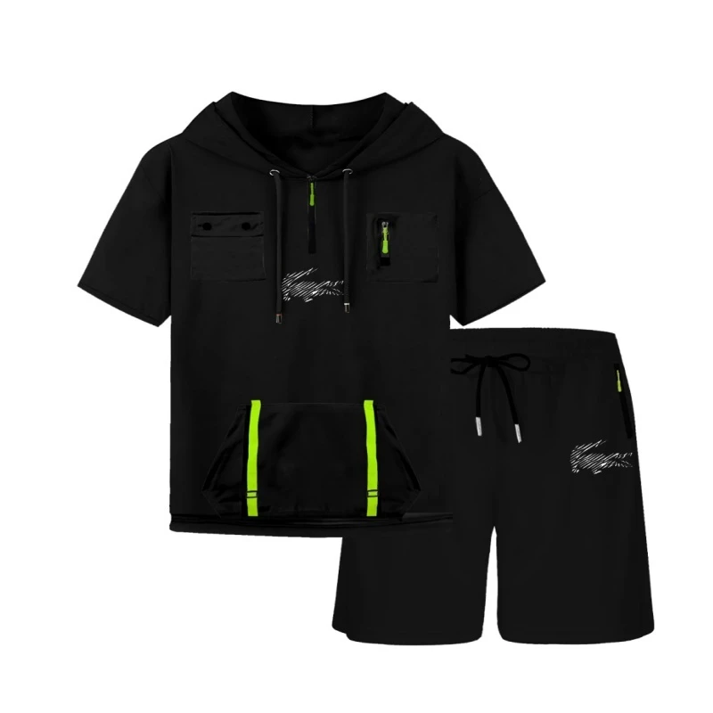 

Новинка 2023 года, летняя мужская футболка, шорты на молнии, комплект с короткими рукавами и молнией, модная рубашка, уличная футболка, повседневная спортивная одежда из двух предметов