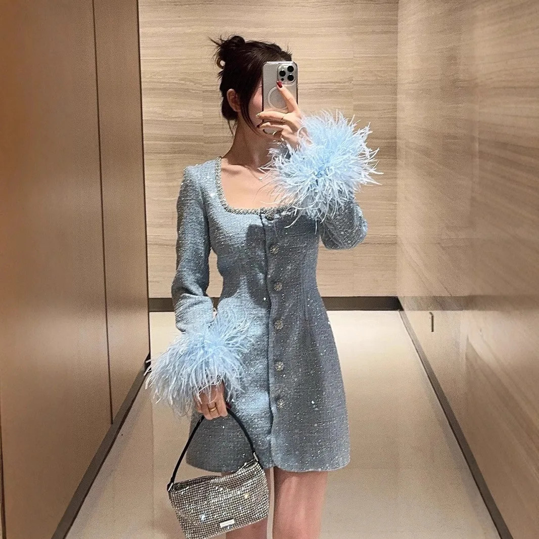 

Mist blue button dress with feather cuffs, U-neck, diamond decoration, French niche,2024 autumn new collection dresses for women