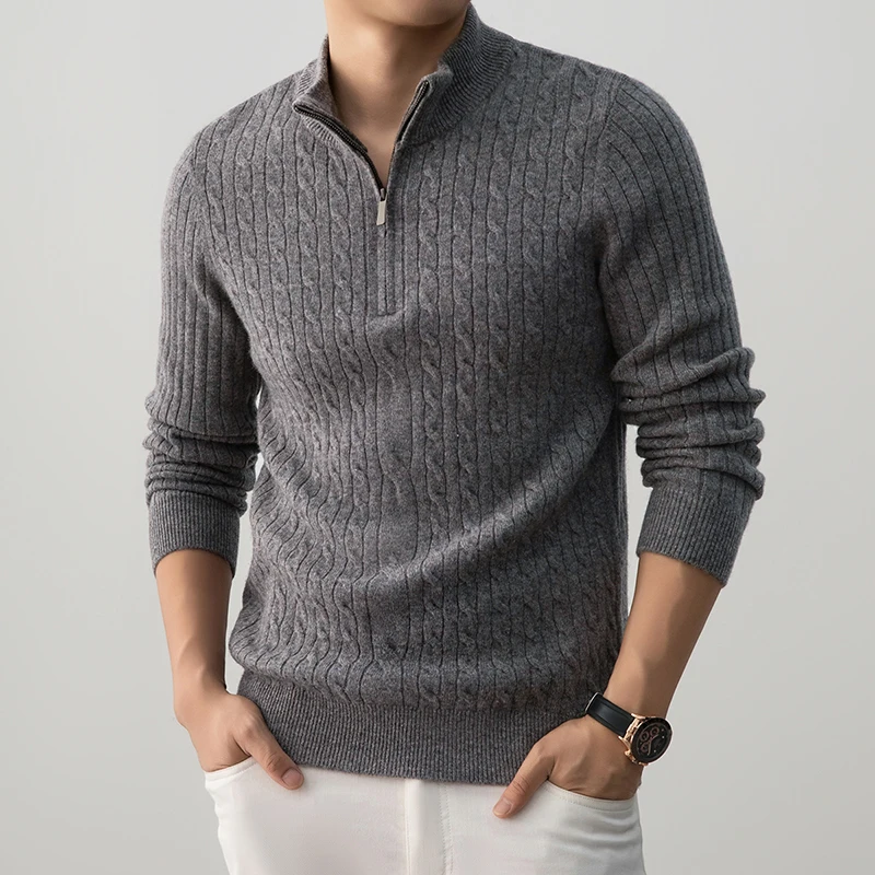 100% Pure Wool Zipper Sweater for Men 2025 Autumn Winter Fashion Twisted Long Sleeve Knitwear Male Sheep Wool Warm Clothes