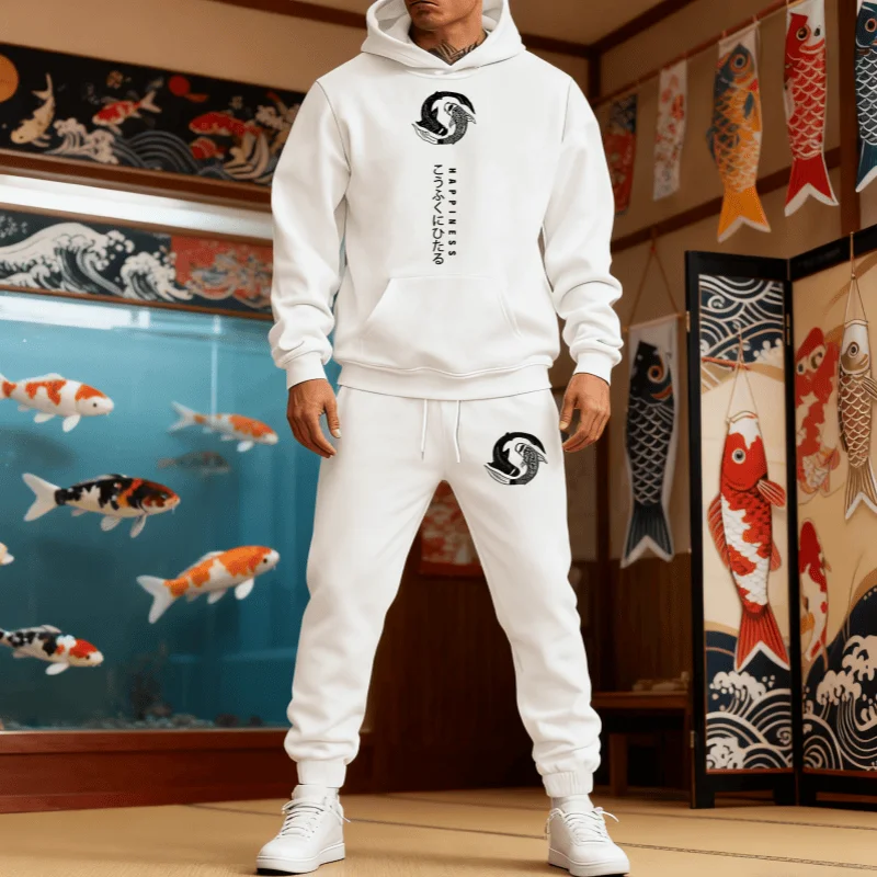 

2025 Новый мужской уличный костюм — толстовка и спортивные штаны с японским принтом кои, повседневный модный комплект для улицы для повседневного ношения и отдыха