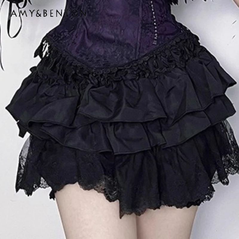 

Gothic Dark Design Lace Sexy Hollow Out Women's Puff Skirt 2025 Autumn New Sweet Cool Versatile Y2k Slimming Mini Skirts Ladies