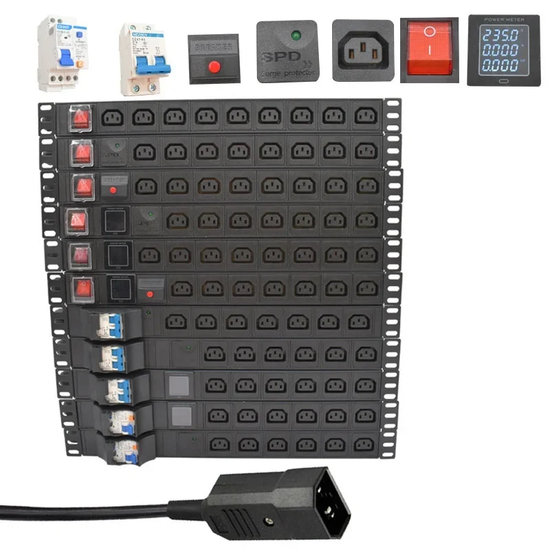 19 inches PDU SPD ammeter overload protection air switch Short circuit switch module power strip  IEC-320 C13 output C14 PLUG