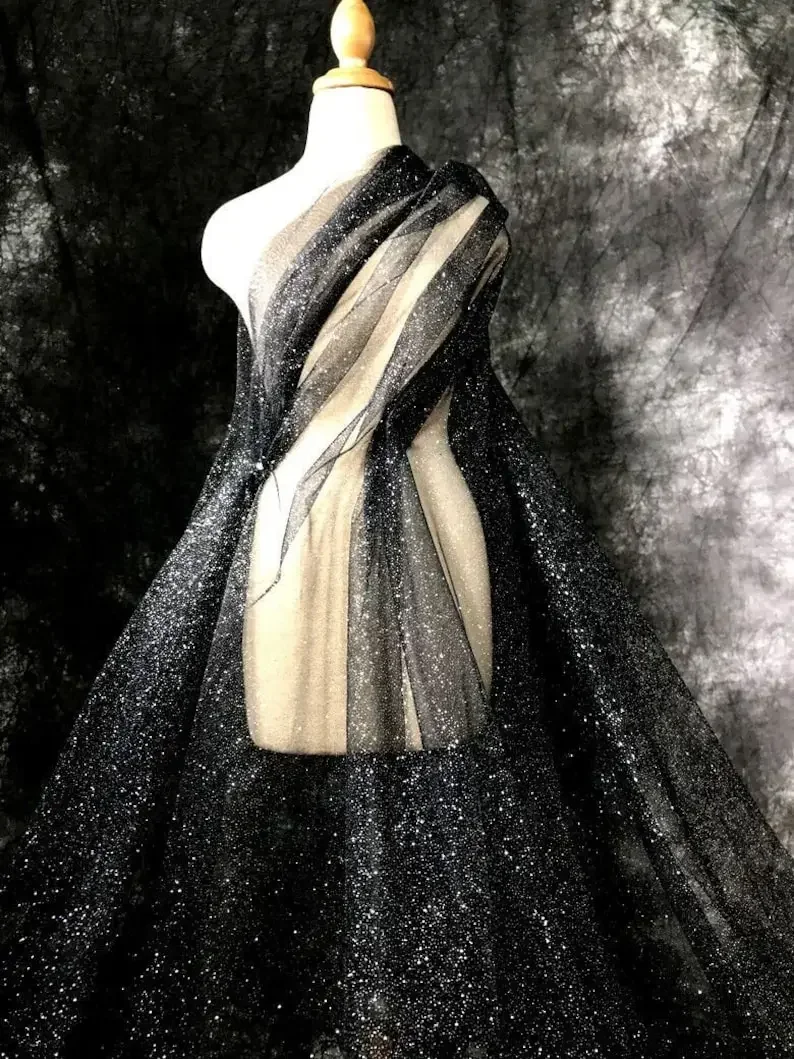 1 yards Silver glitter lace fabric Shiny Black soft tulle Fabric For for wedding dress prom dresses veil lace 59