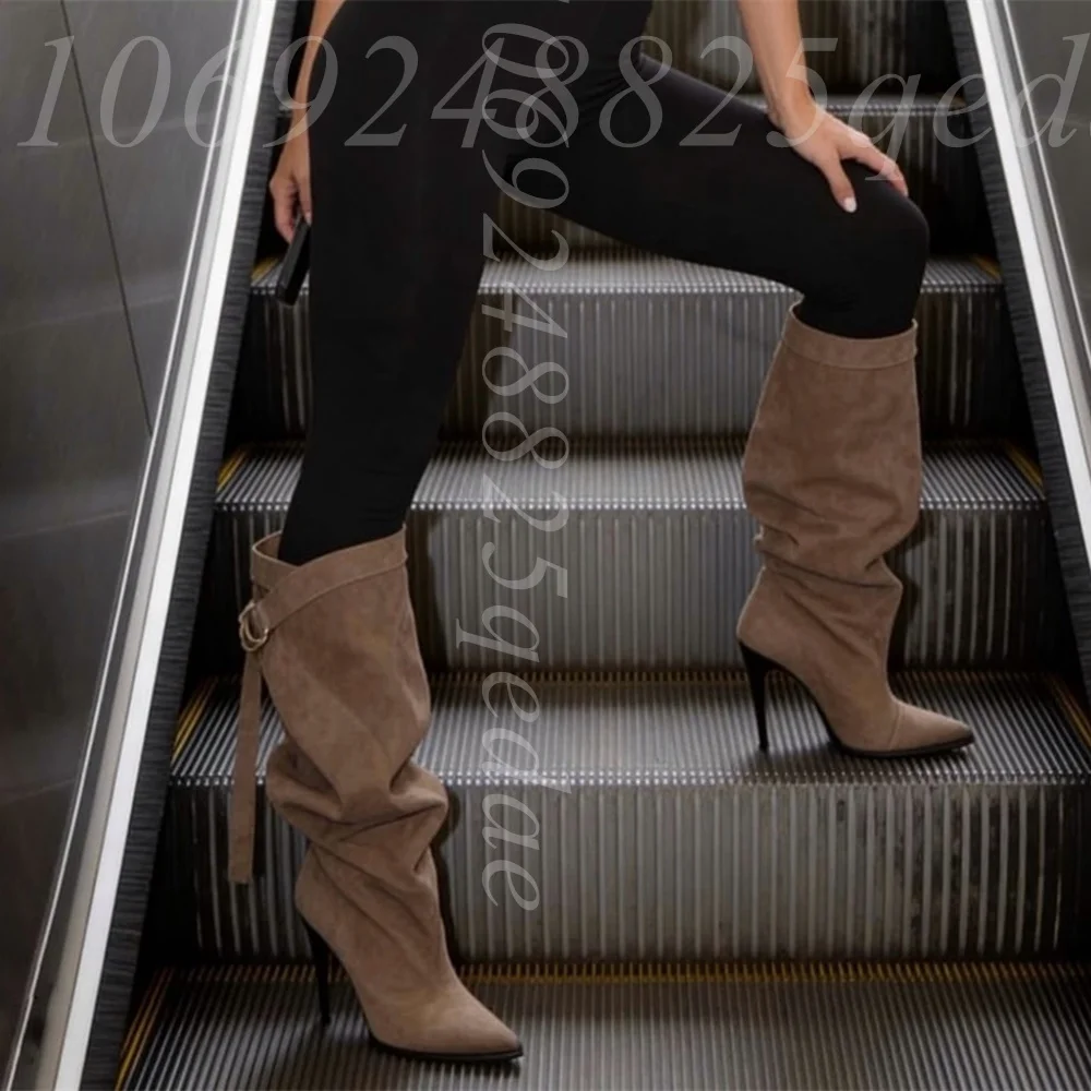 

Women's Slouchy Suede Knee High Boots, Pointed Toe Stiletto Heels Adjustable Buckle Strap Fashion Pleated Tall Boots for Casual