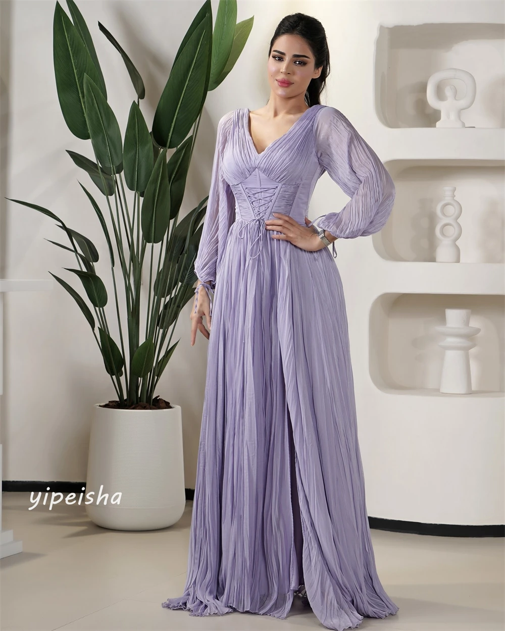 Customized Jersey Draped Pleat Ruched Clubbing A-line V-Neck Bespoke Occasion Gown Long Dresses