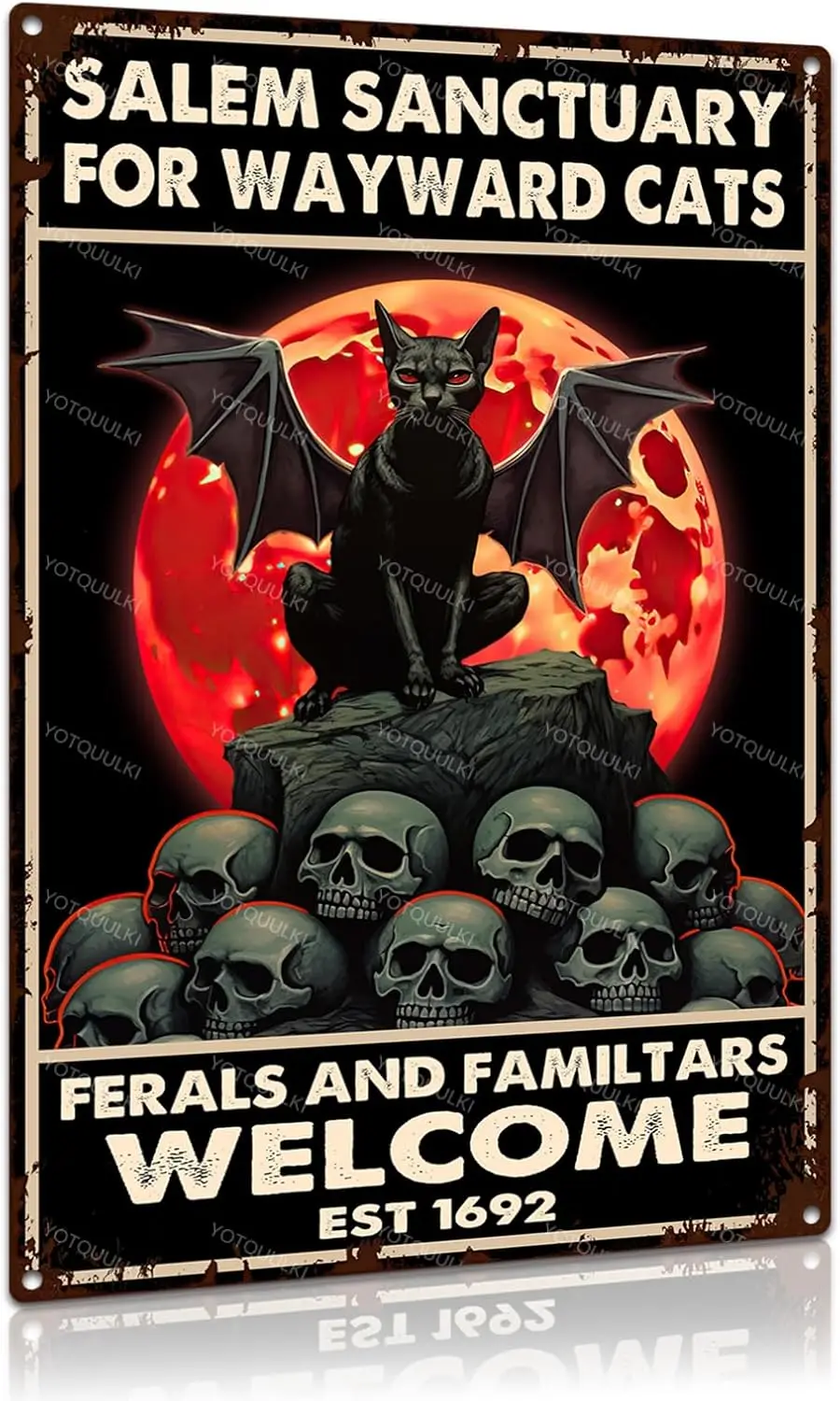 Vintage Black Cat Tin Sign Sanctuary For Wayward Cats Aluminum Metal Signs for Halloween Decorations Wall Art 8 x 12 Inch