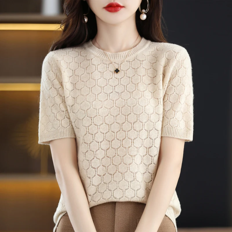 Early autumn round neck wool short sleeve diamond hollowed-out jacquard half sleeve sweater women's loose thin knit bottom top