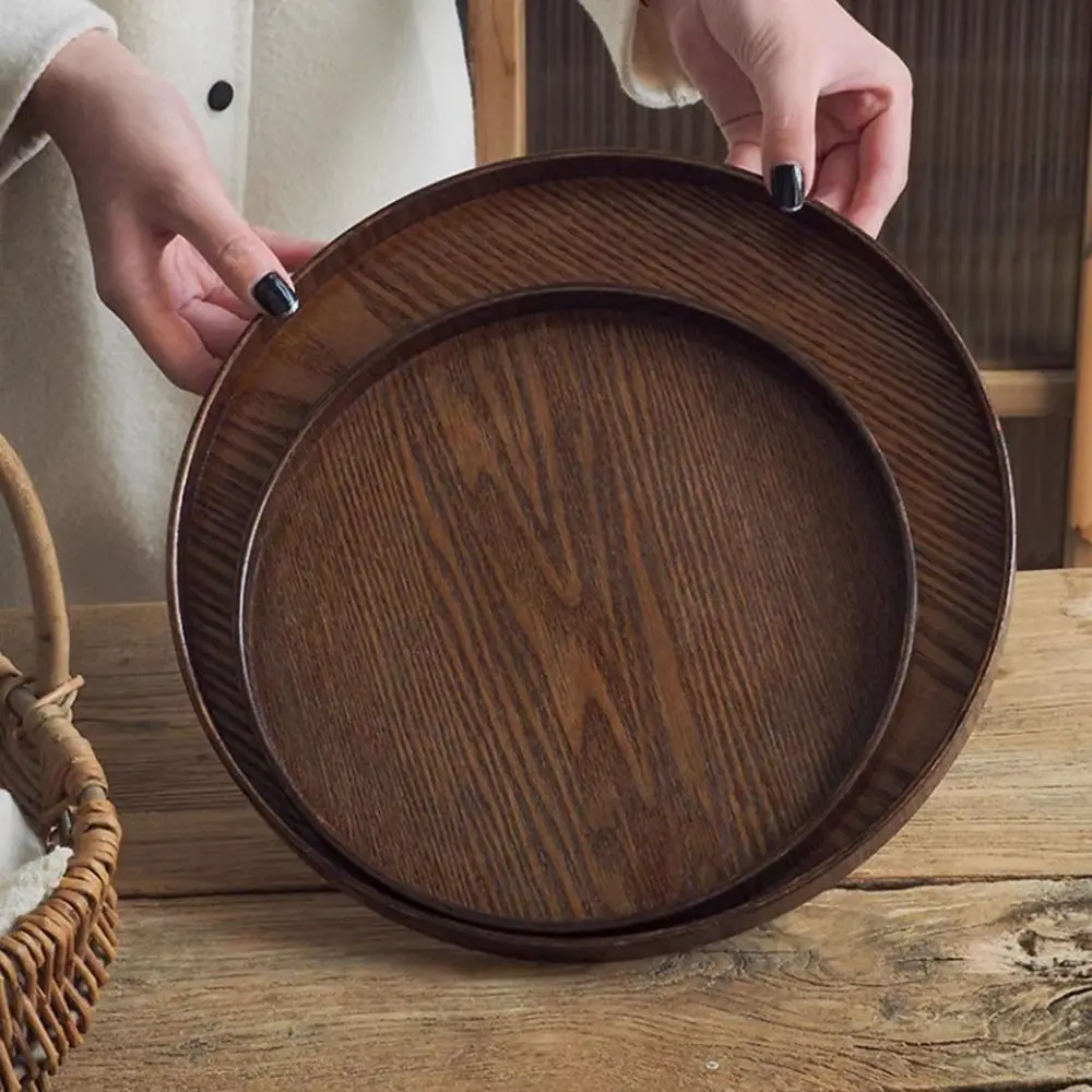 Vintage Round Serving Tray Wooden 21/24/27/30/33cm Wood Platte Decorative Tray Coffee Home Table