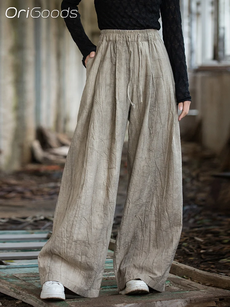 OriGoods Tie Dye Wide Leg Pants Women Elastic Waist Loose Long Wide Leg Trousers Ramie Cotton Elegant Casual Pants Woman B287