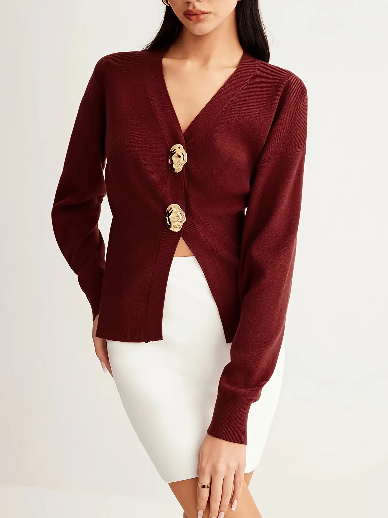 메탈 버튼 니트 가디건 여성 패션 브이넥 긴 소매 슬릿 슬림 레저 니트 스웨터 코트 여성 가을 신상