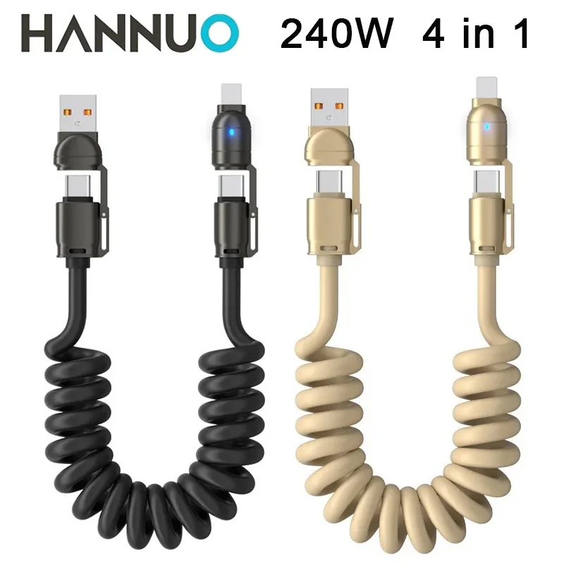 HANNUO 240W 4-in-1 USB Type C Fast Charging Cable Spring Car Data Cable Compatible with CarPlay For iPhone Xiaomi Samsung PD USB