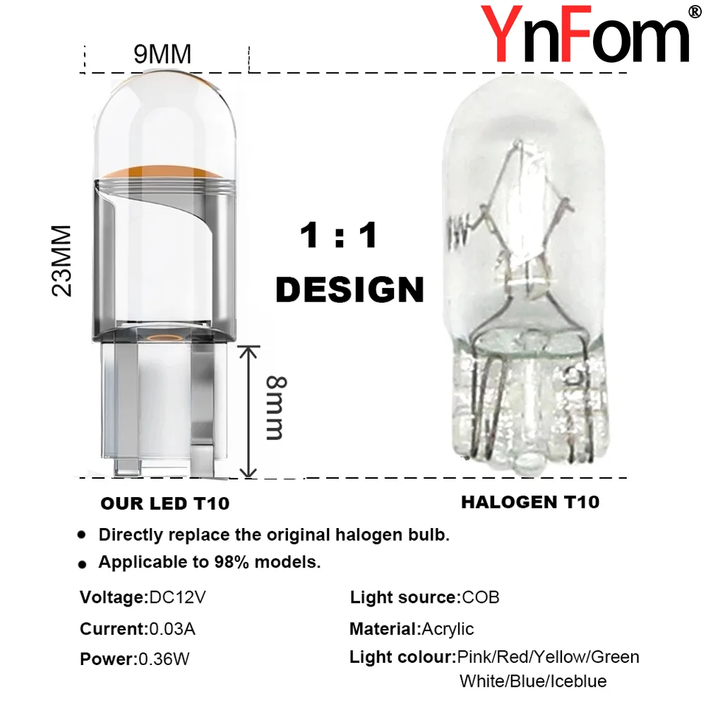 YnFom【2 Pcs】T10 W5W Halogen To LED Bulb Interior Light License Plate Lamp 7 Colors DRL Bulb Car Accessories